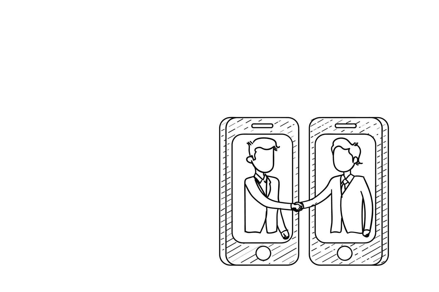 Handshake for welcoming new team member while remote working. Freelance concept. Hand drawn vector illustration design