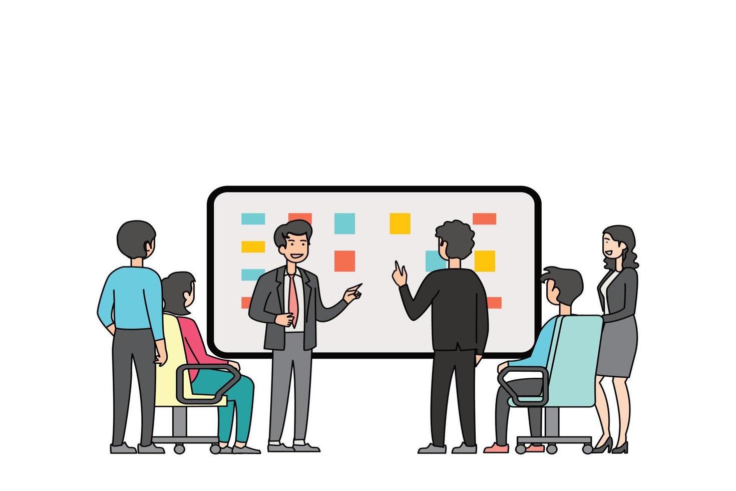 Project presentation between office colleagues. Meeting concept flat design illustration. vector