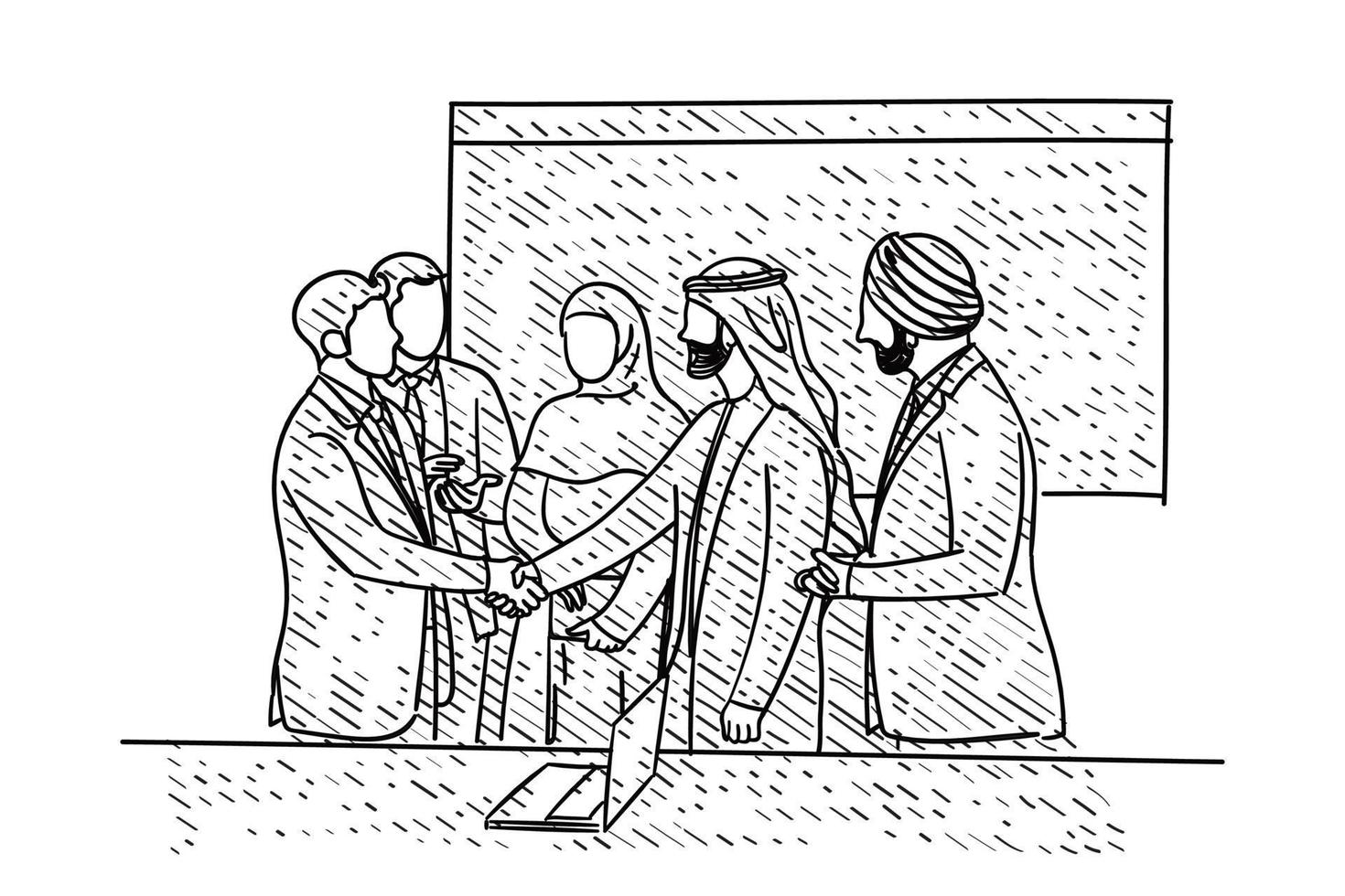 Diverse ethnicity team meeting. Business partner handshake. Hand drawn vector illustration design