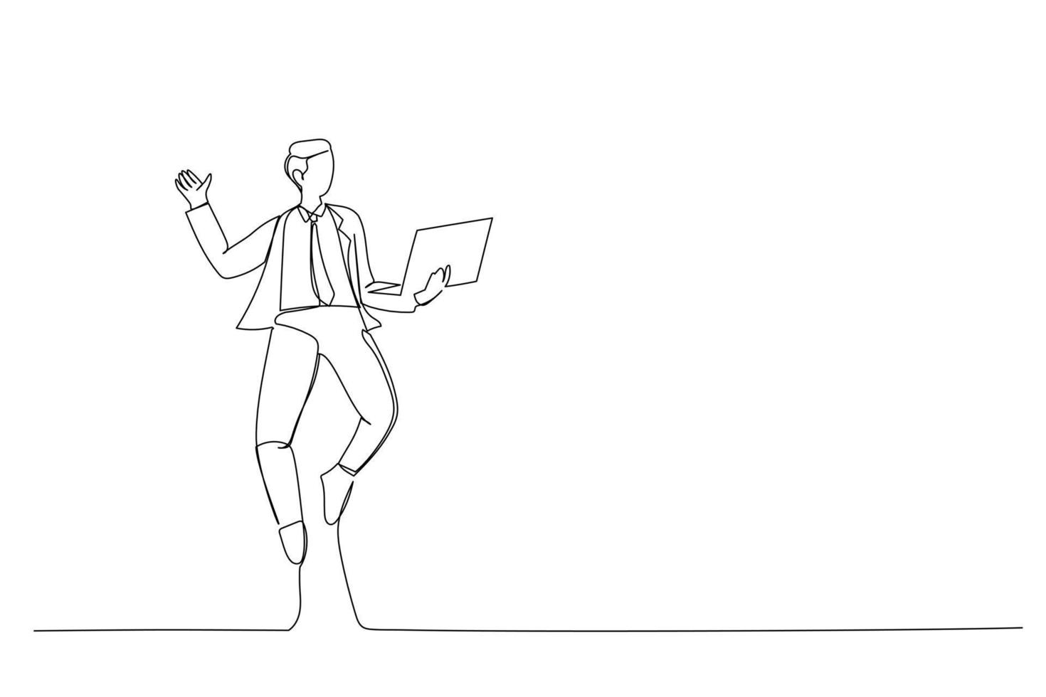 Drawing of young surprised man over white studio using laptop computer while jumping. illumination in motion. One line design style. vector