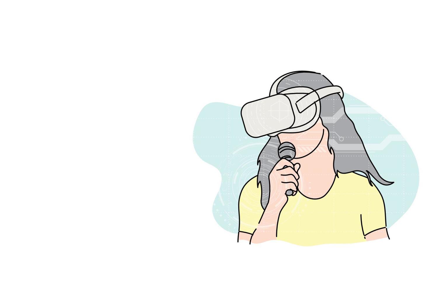 young lady having karaoke online with VR device. Vector illustration design