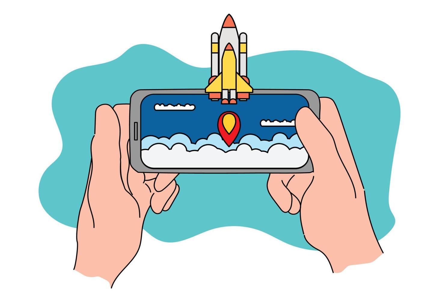 Hand holding a mobile phone and play games. Flat design vector