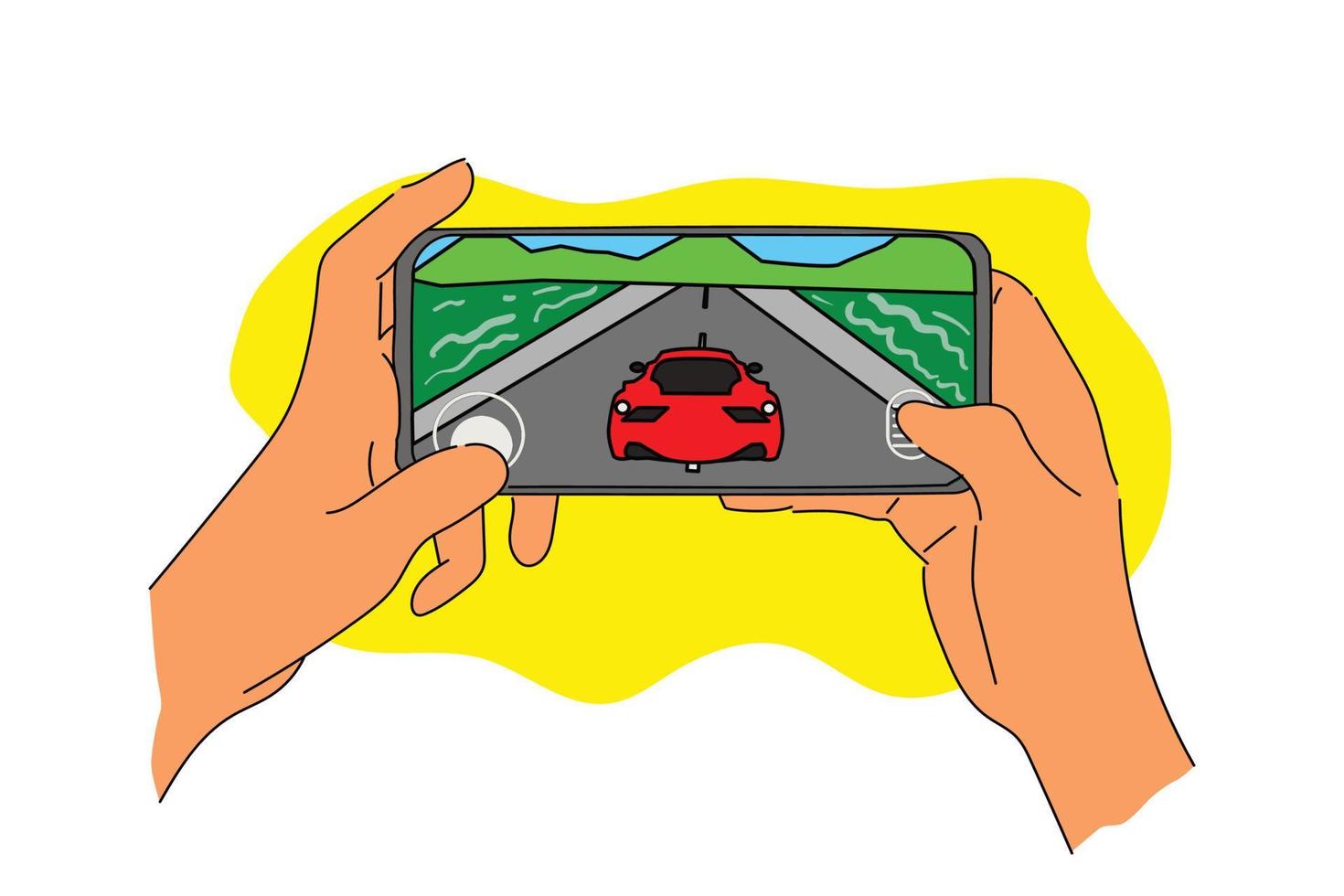 Hand holding a handheld phone playing racing car game. Flat design vector