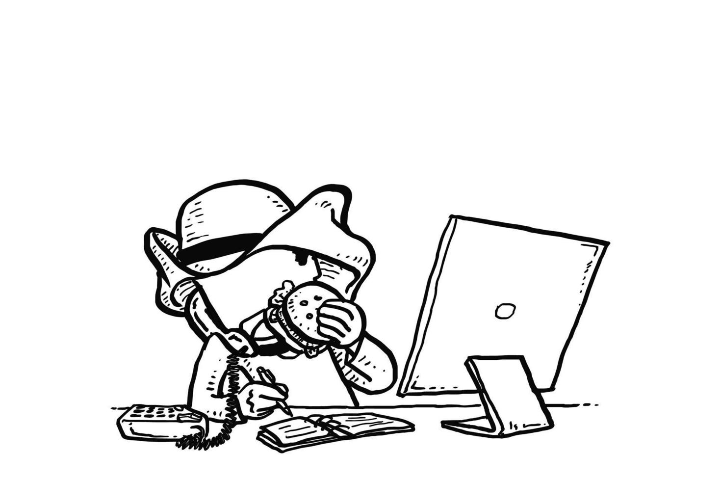 hombre de negocios árabe comiendo hamburguesa mientras recibe llamadas y toma notas. concepto de oficina ocupada. diseño de ilustración vectorial de dibujos animados vector