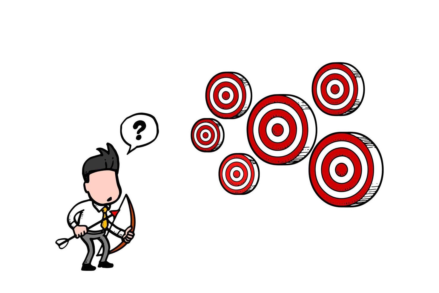 hombre de negocios con arco y flecha confunde mirando múltiples objetivos. diseño de ilustración vectorial sobre fondo blanco aislado vector