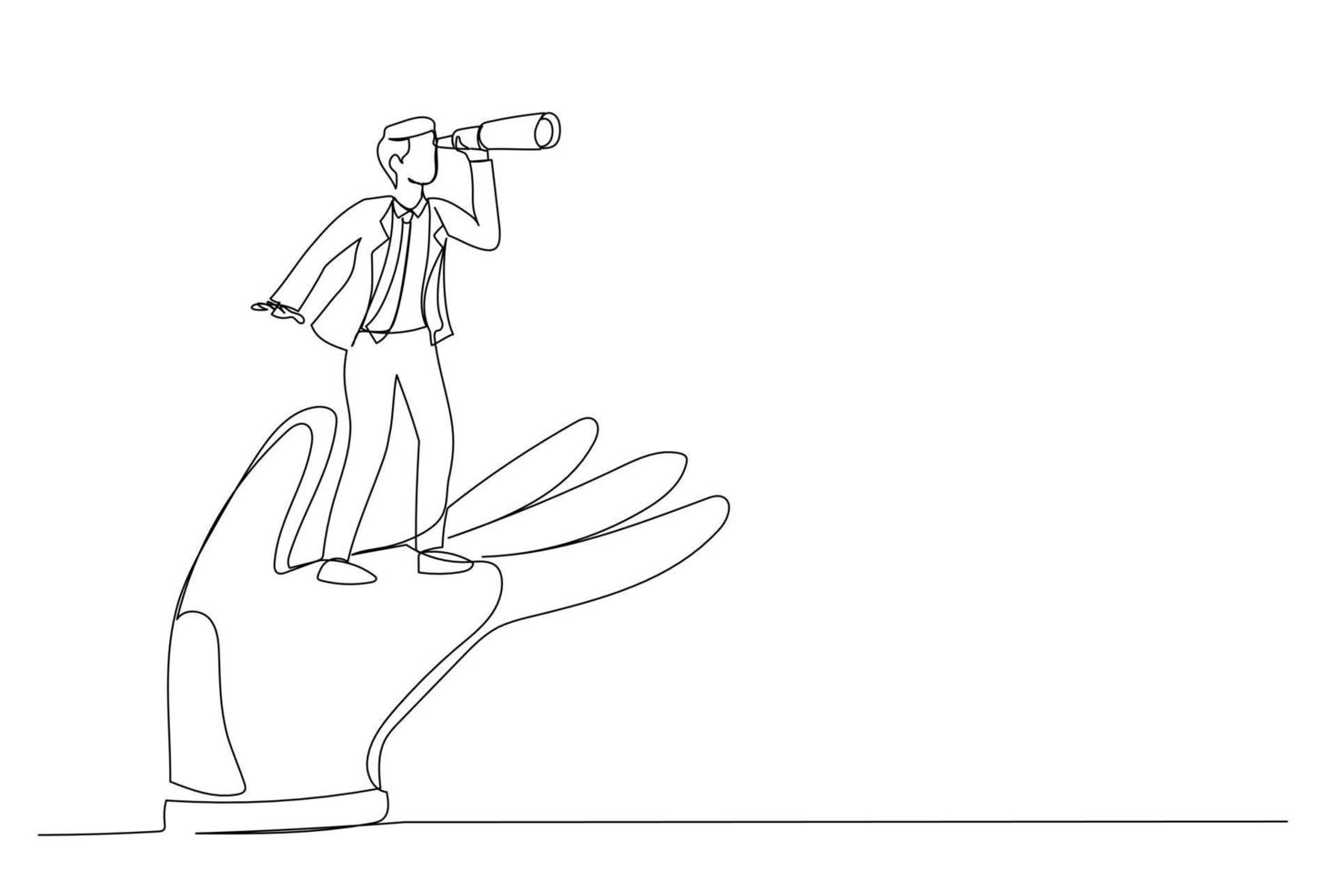 Cartoon of businessman stand on support hand look into telescope vision. Support or empowerment for career development. Single continuous line art style vector