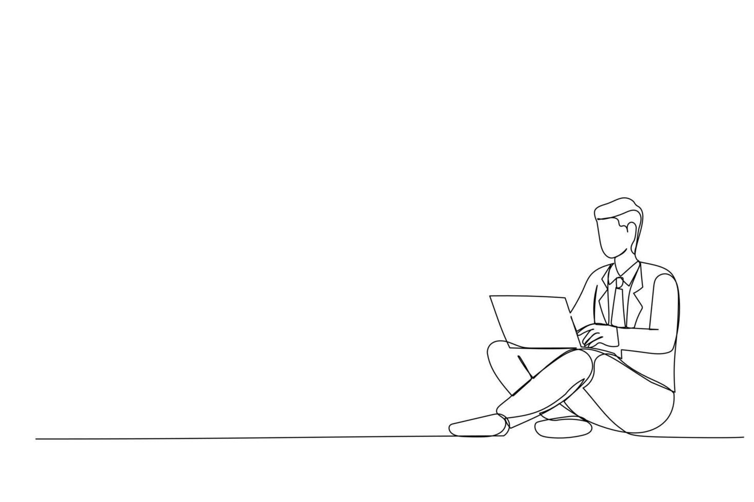 Drawing  of young man using a laptop studying on pc technology. One line design style vector