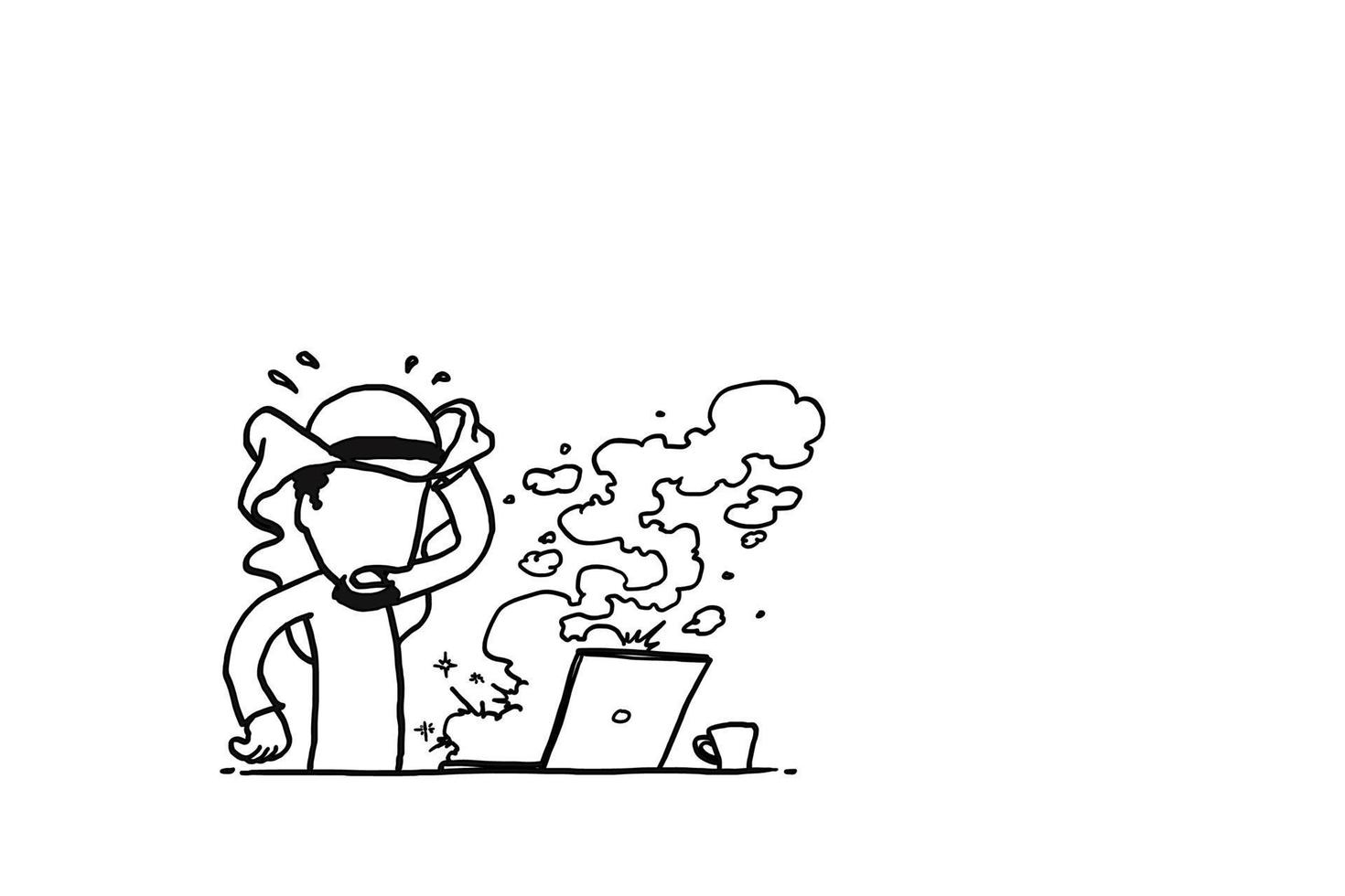 Arab businessman shocked his laptop is explode. Hand drawn vector illustration design