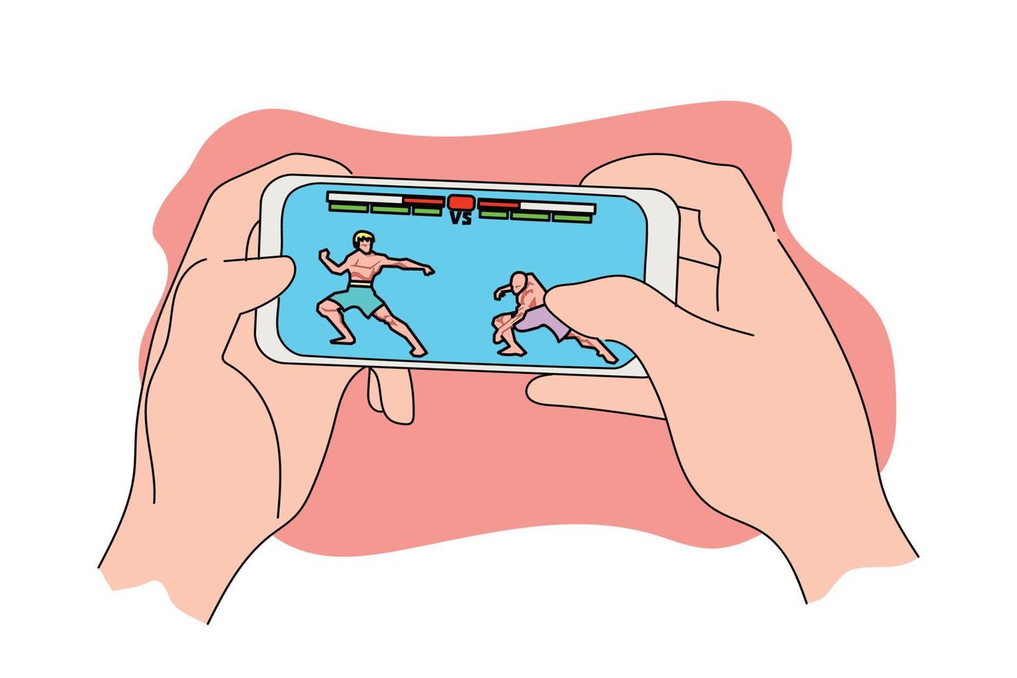 Hand holding a mobile phone playing fighting game. Flat design vector