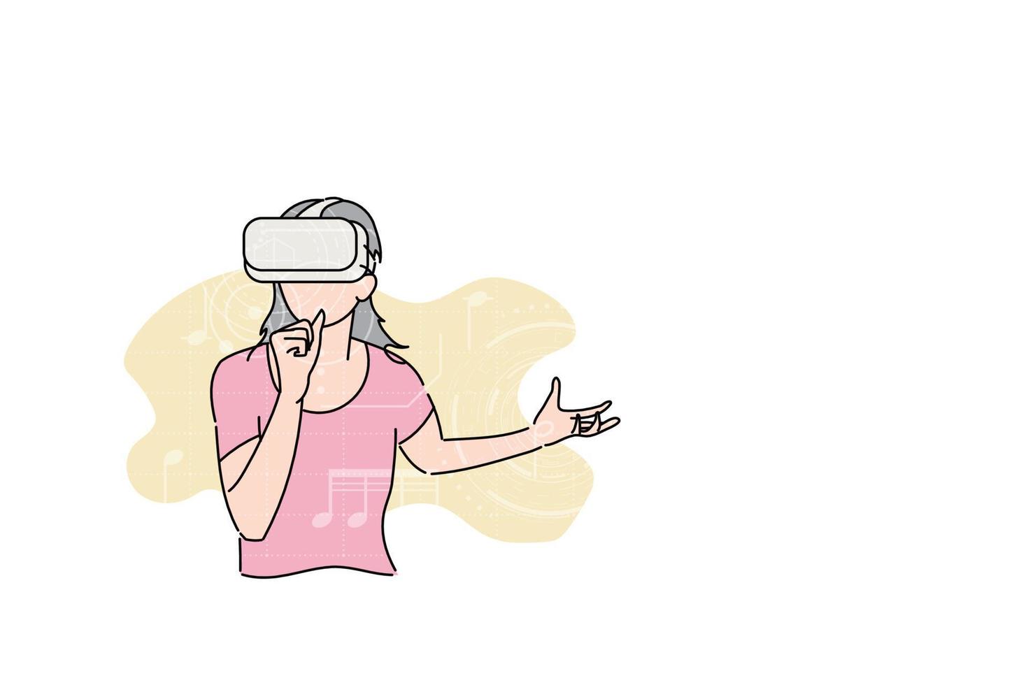 Young lady singing online on VR apps. Virtual reality concept. Vector illustration design