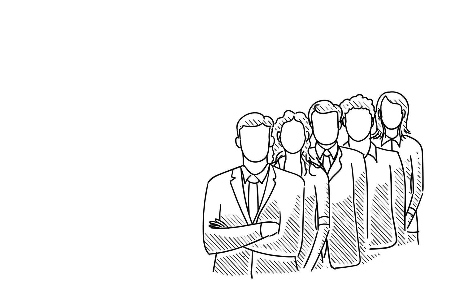 Confident worker standing together group photo. Hand drawn character vector illustration design.