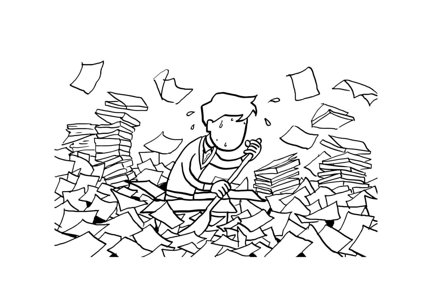 Male worker rowing the paper boat on ocean of documents. Concept for bureaucracy. Cartoon vecto illustration design vector