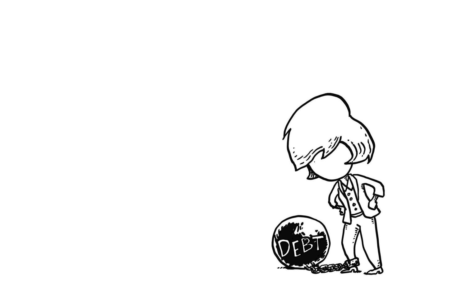 Female worker chained to an iron ball. Concept of trapped by debt. Cartoon vector illustration design