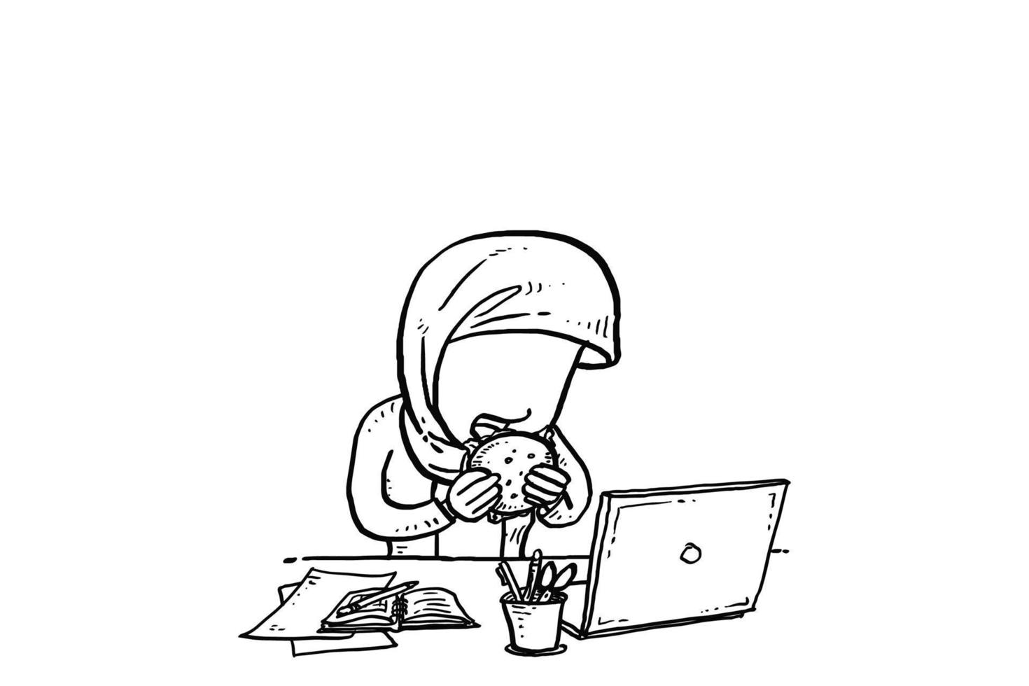 Busy asian muslim woman at the office eating while working. Cartoon vector illustration design