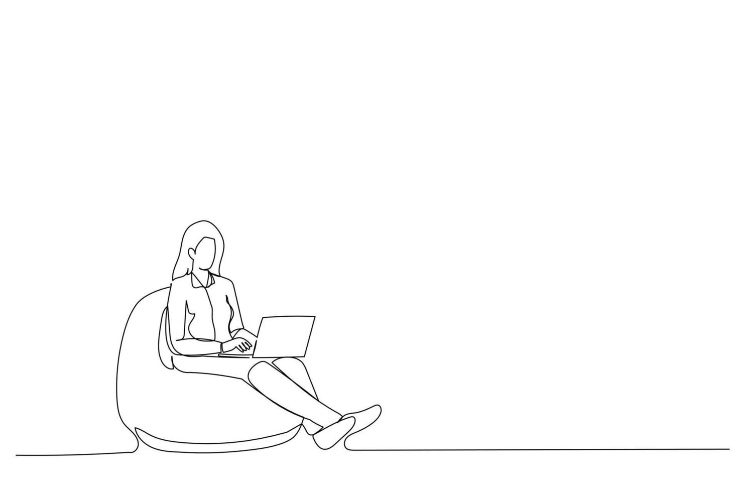 Drawing of focused ceo worker sit bean chair use laptop search information single line art vector
