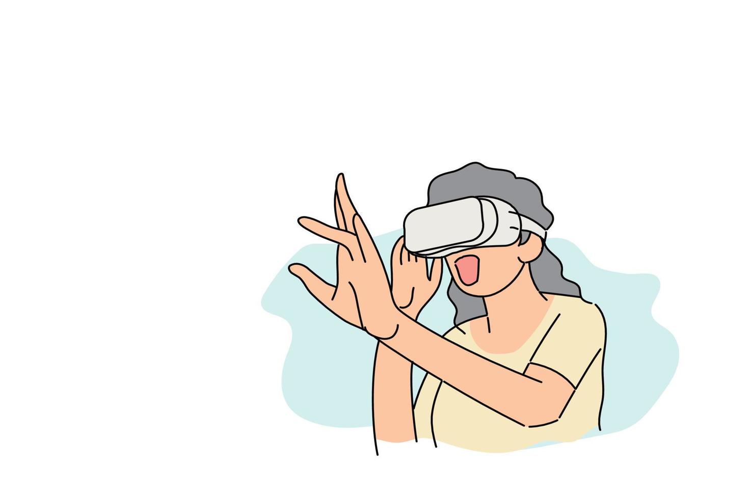 Young woman entertained using VR simulator. Flat vector illustration design