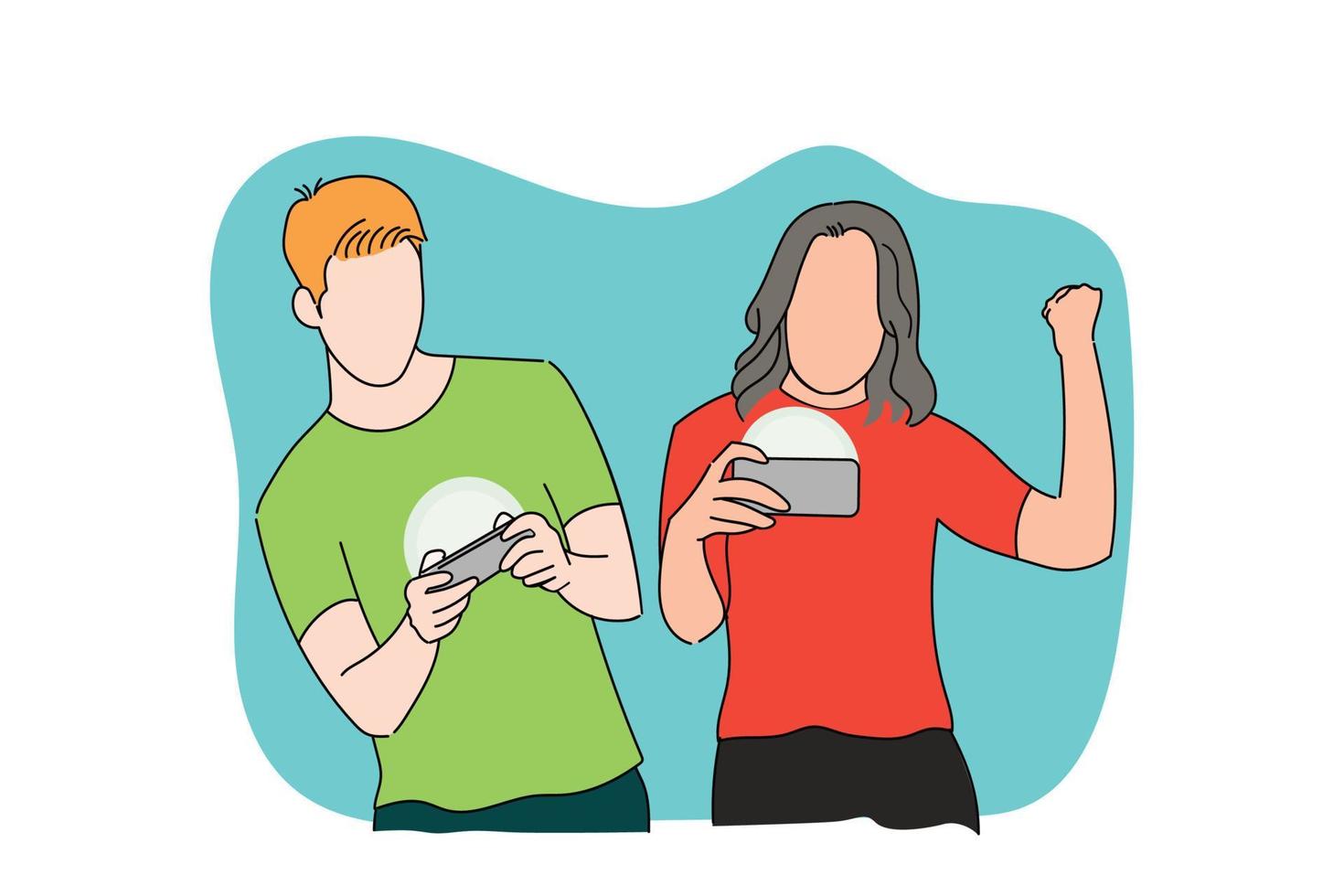 Two cheerful friends standing playing mobile games. flat design. vector