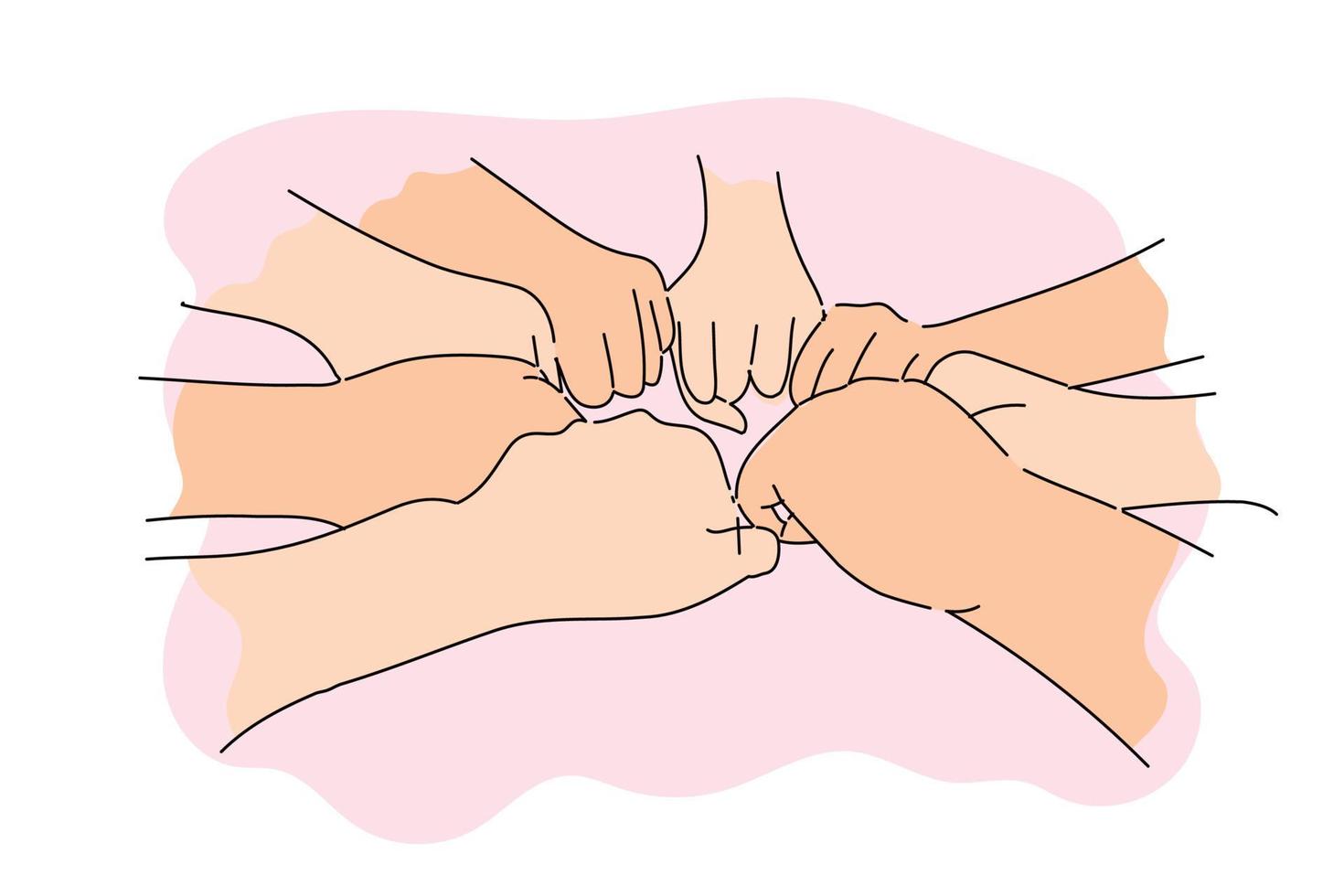Close up group fist bump. Team building concept. Hand drawn flat vector illustration design