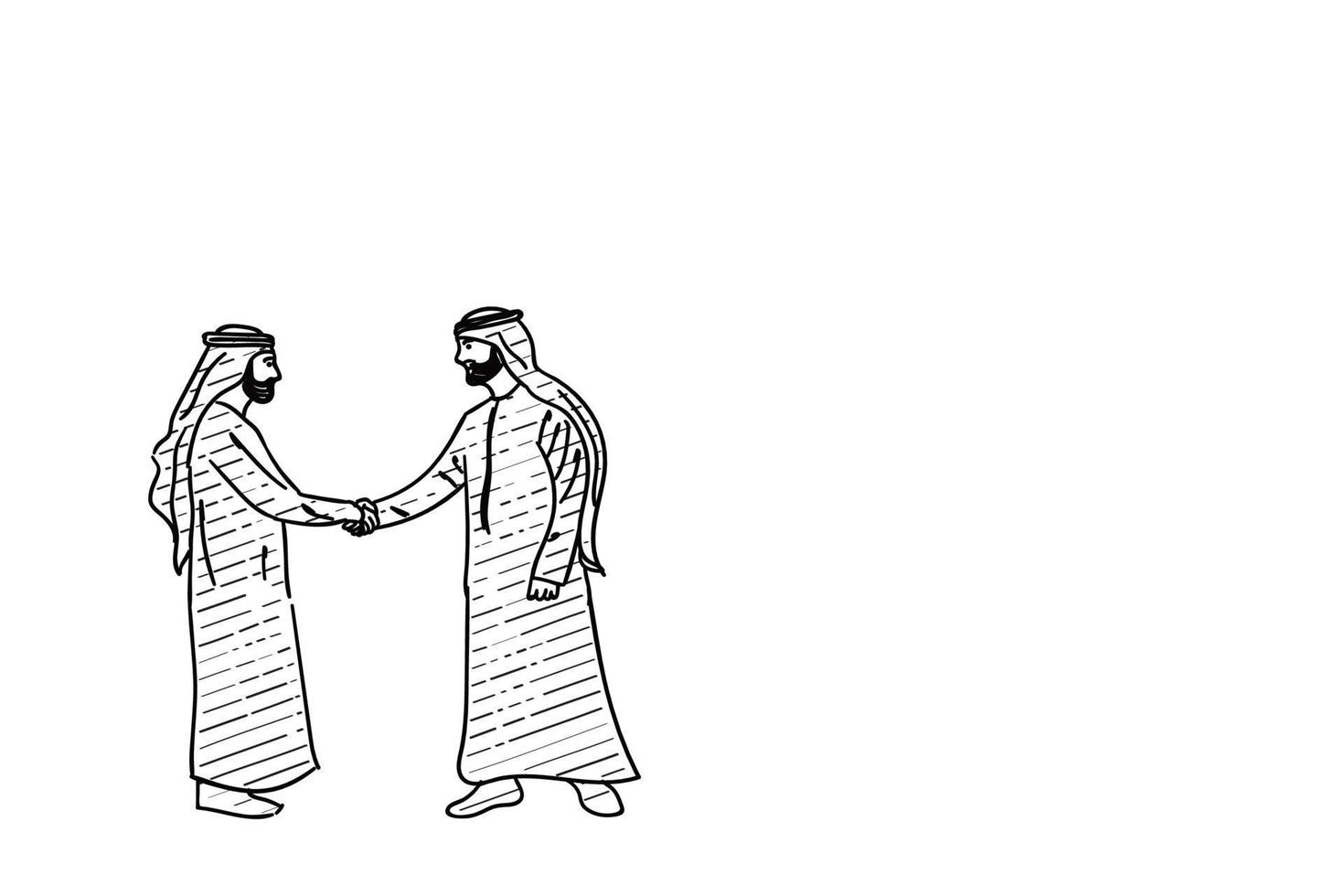 Handshake between arabic men. Hand drawn vector illustration design