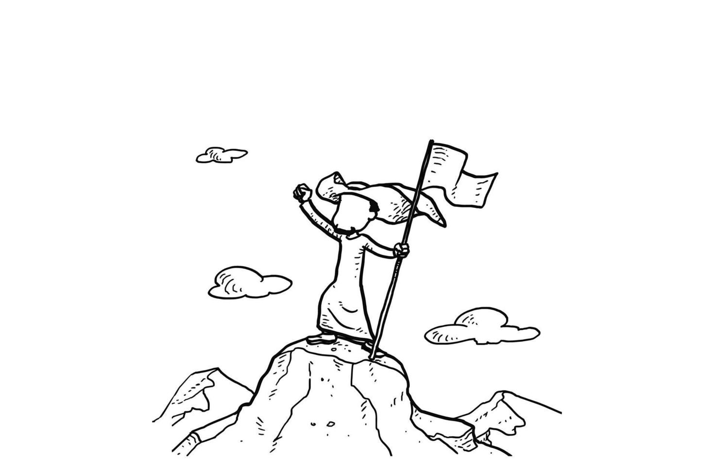 Arab businessman hold flag on top of cliff. Achieve goal concept. Cartoon vector illustration design