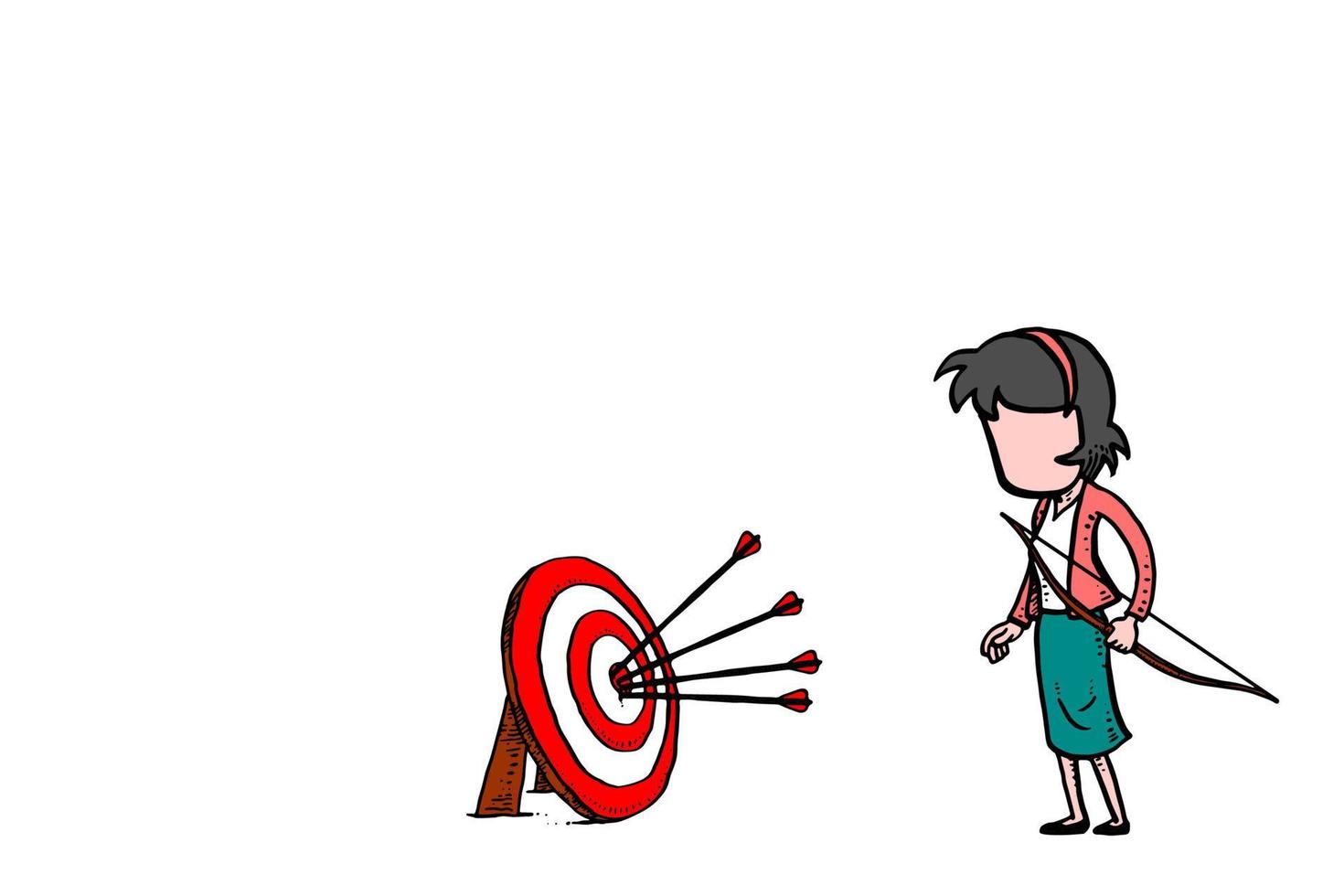 Business woman hit the target. Successful target achievement concept. Cartoon vector with isolated background