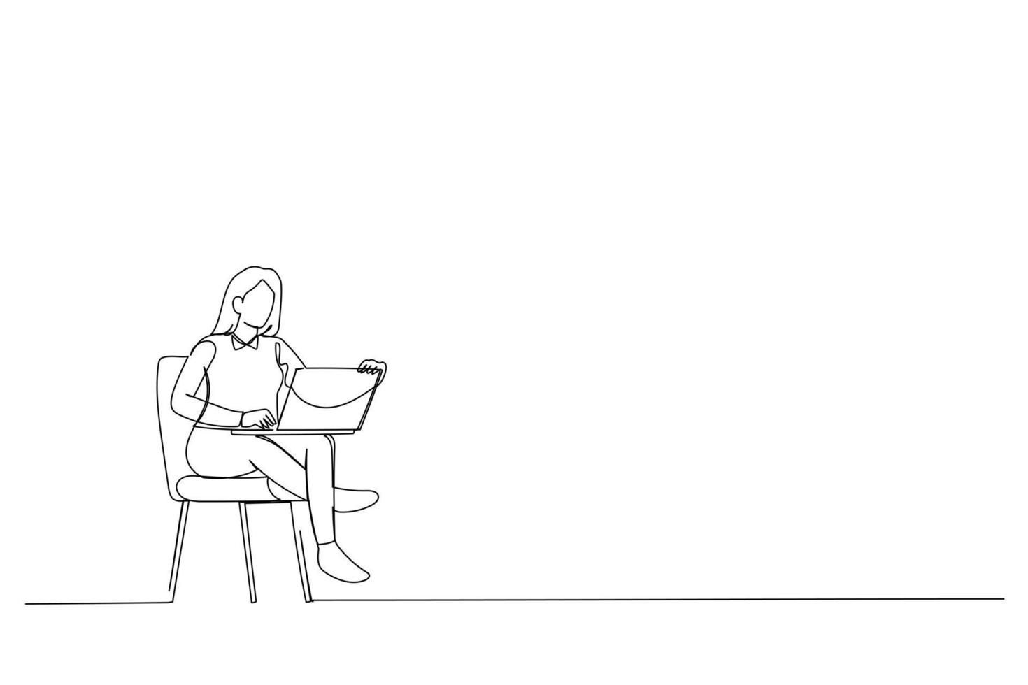 Cartoon of Young woman using laptop at home, space for text Single line art vector