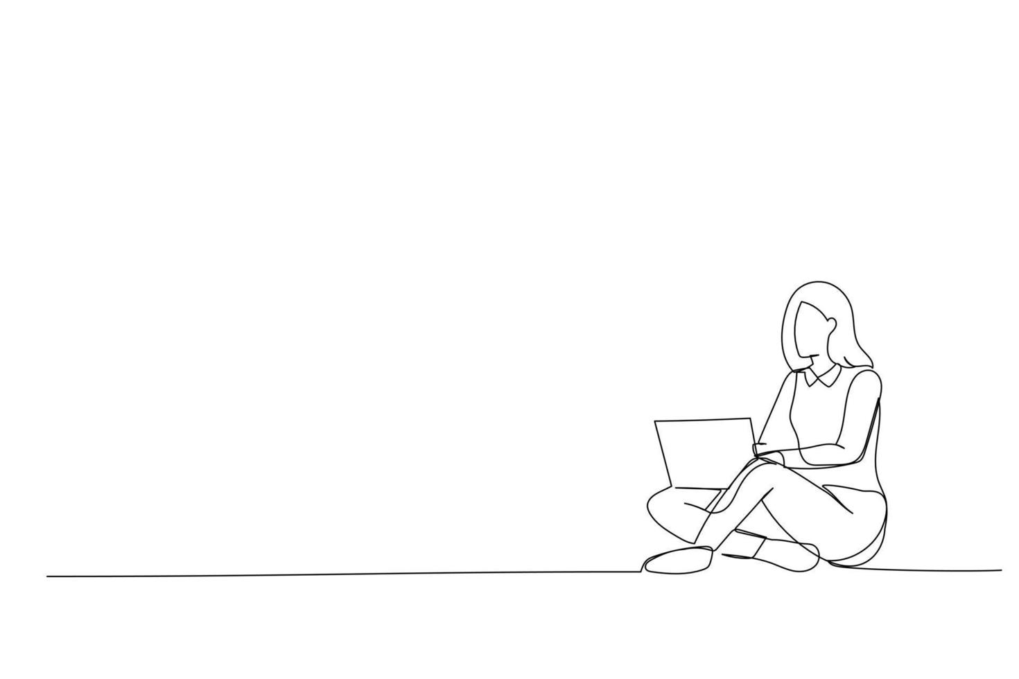 dibujo de una mujer que usa una computadora portátil mientras está sentada en el piso arte de línea continua vector
