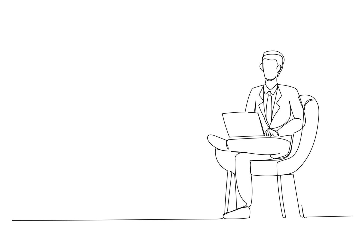 Vector one line illustration of business man with laptop sitting in armchair. Cartoon young guy working in office and using social networks.