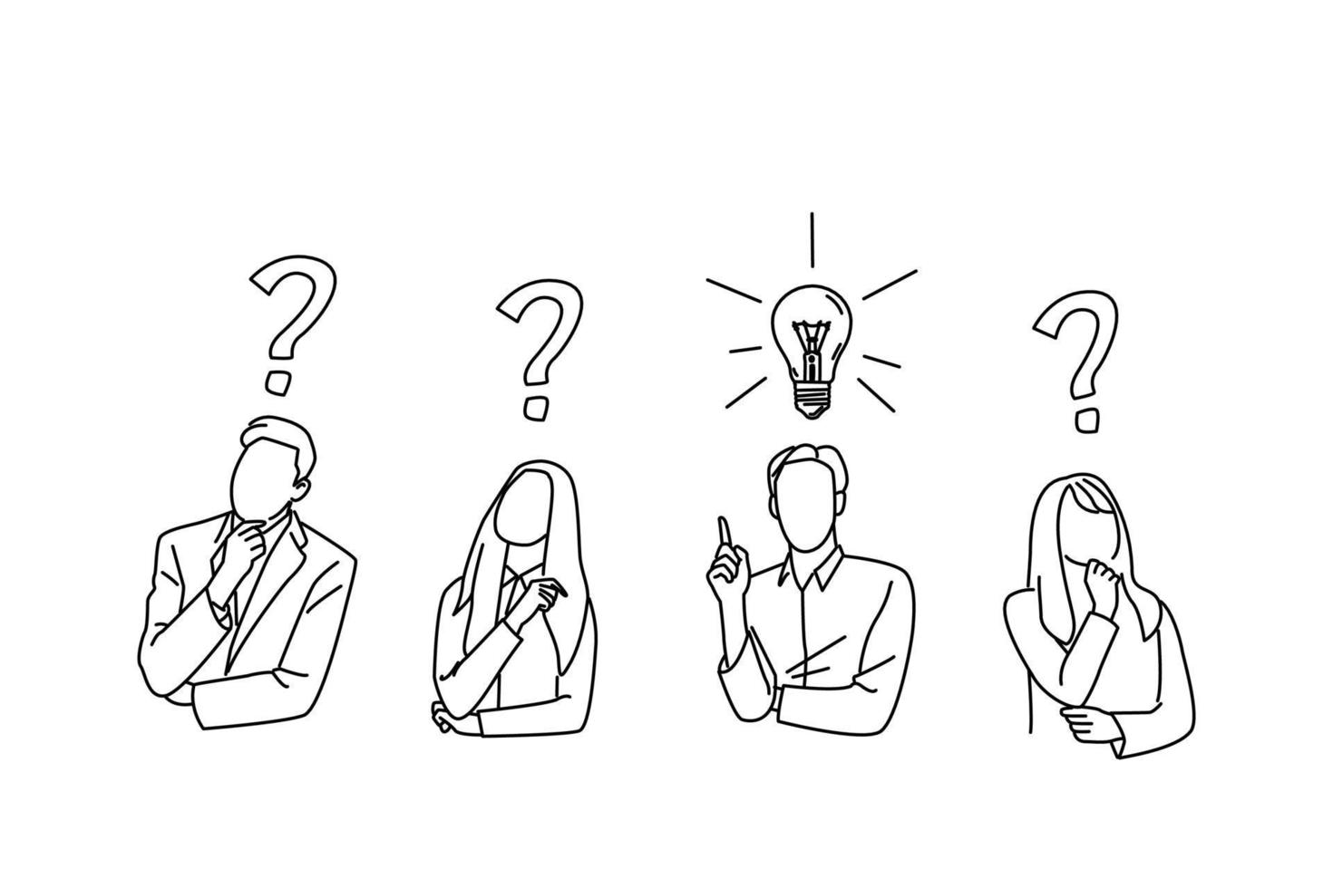 Illustration of one lit bulb among unlit bulbs above persons vector