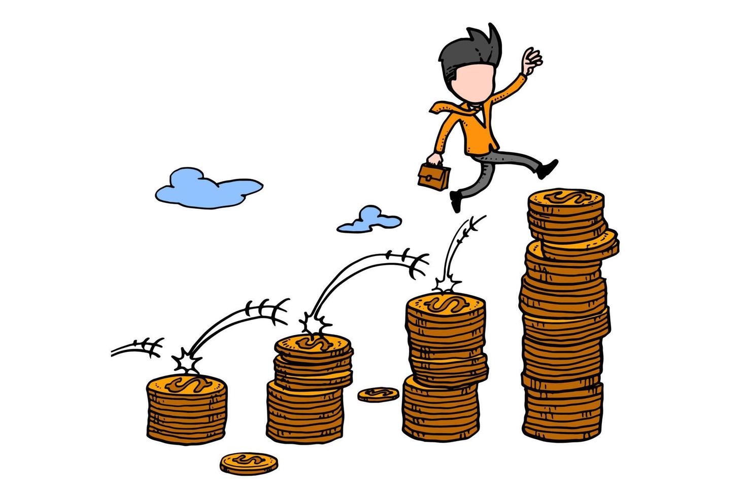 Businessman jumping over rising money stack. Concept of wealth management. Cartoon vector illustration design