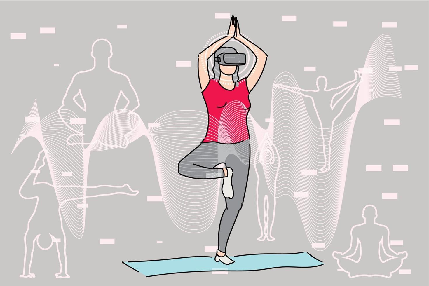 mujer sana haciendo ejercicio en colchoneta de yoga en el mundo de la realidad virtual. ilustración de diseño plano vector