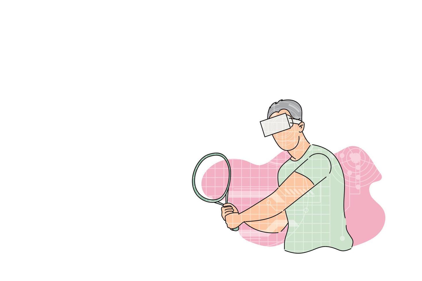 Man playing tenis in virtual reality game. Vector illustration design