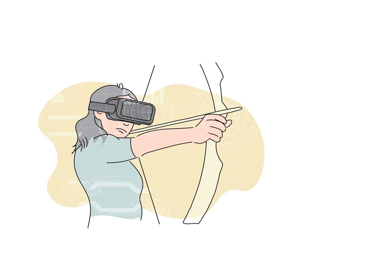 Laser focus young woman ready to aim with virtual bow. VR game concept. Vector illustration design