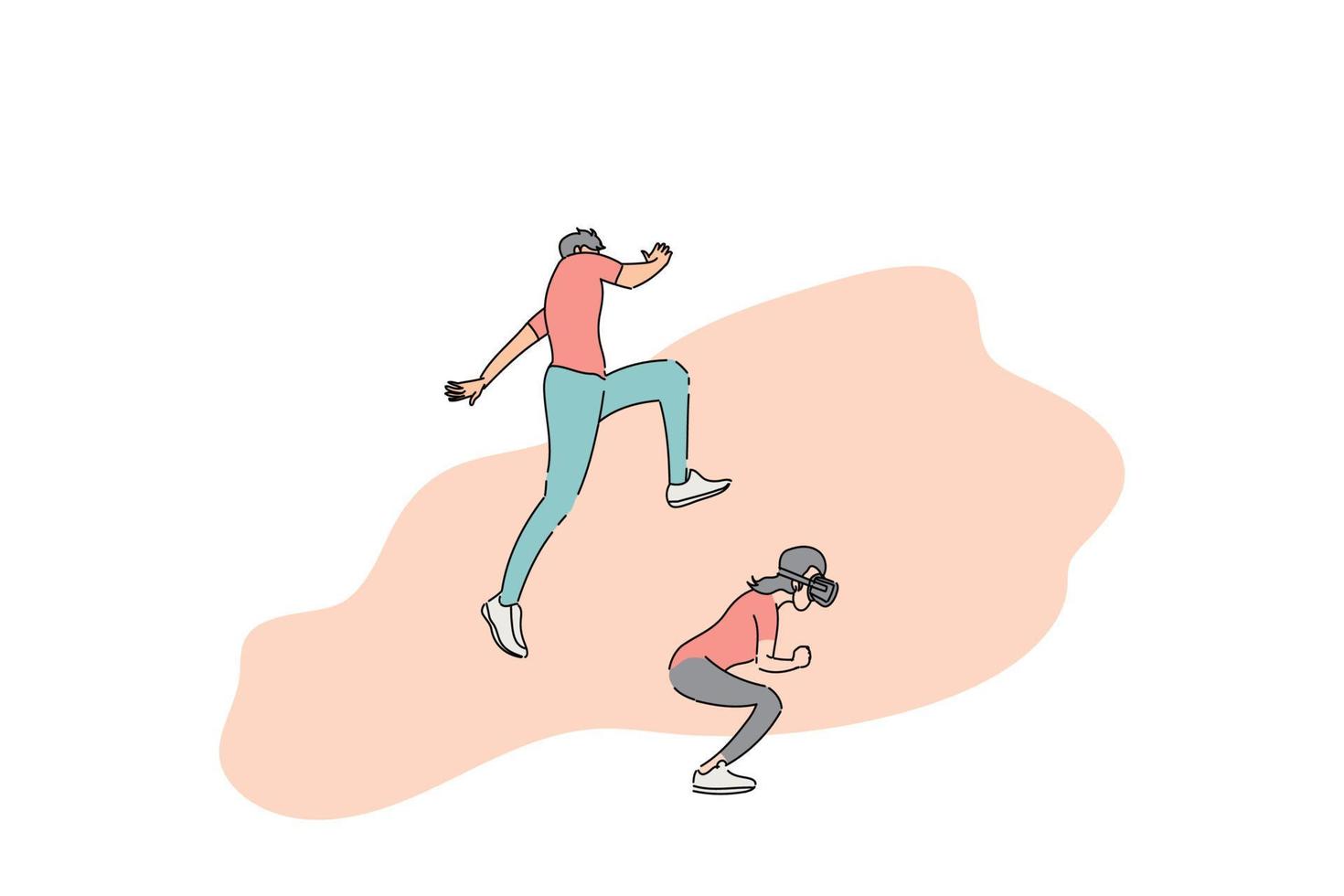 Young couple doing activity with VR. Woman doing squat and Man jumping over. Flat design illustration vector