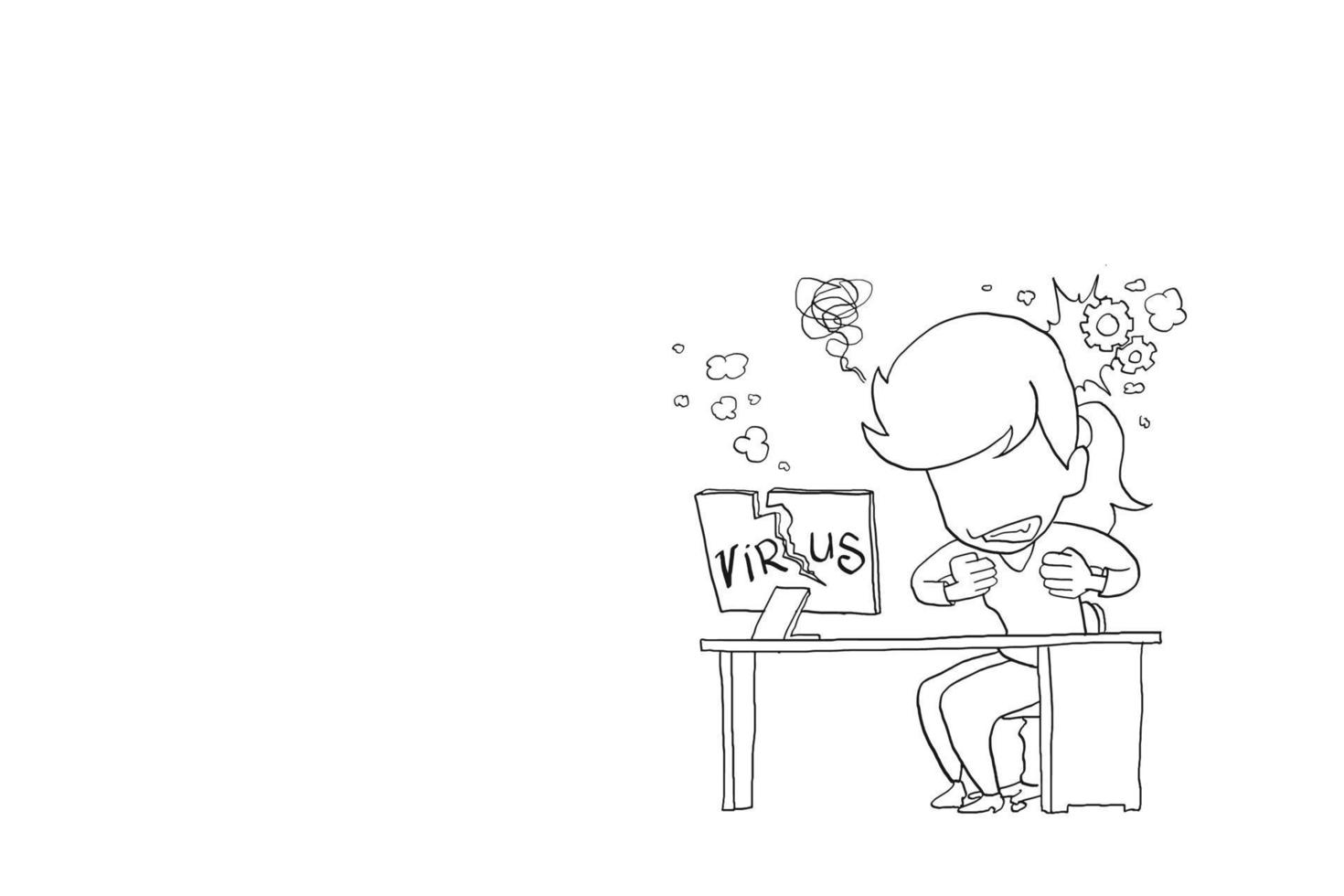 Female worker stress becuase her computer broke. Stess at work concept. Cartoon vector illustration design
