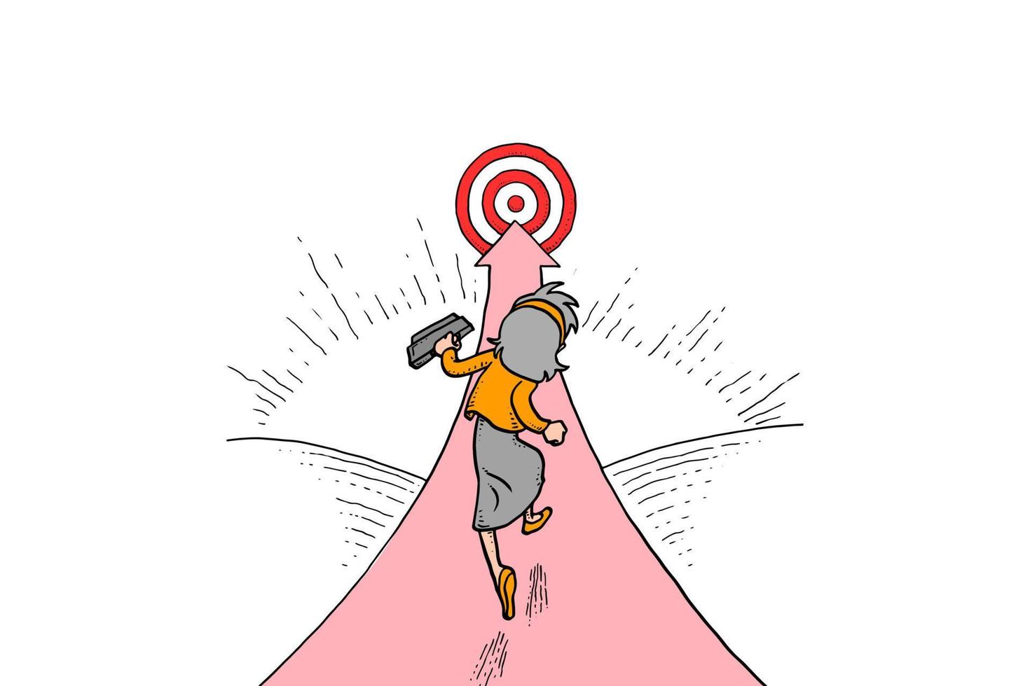 Businesswoman run reaching the target in isolated background. Concept of business optimism. Hand drawn vector illustration design