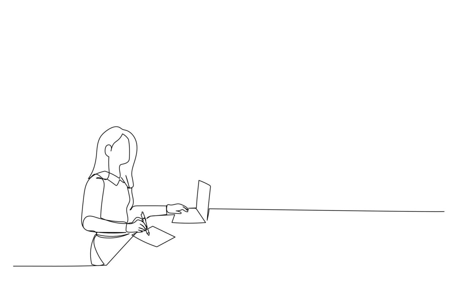 Cartoon of beautiful business asian woman work office desk computer. Small business freelance online concept. continuous line art style vector