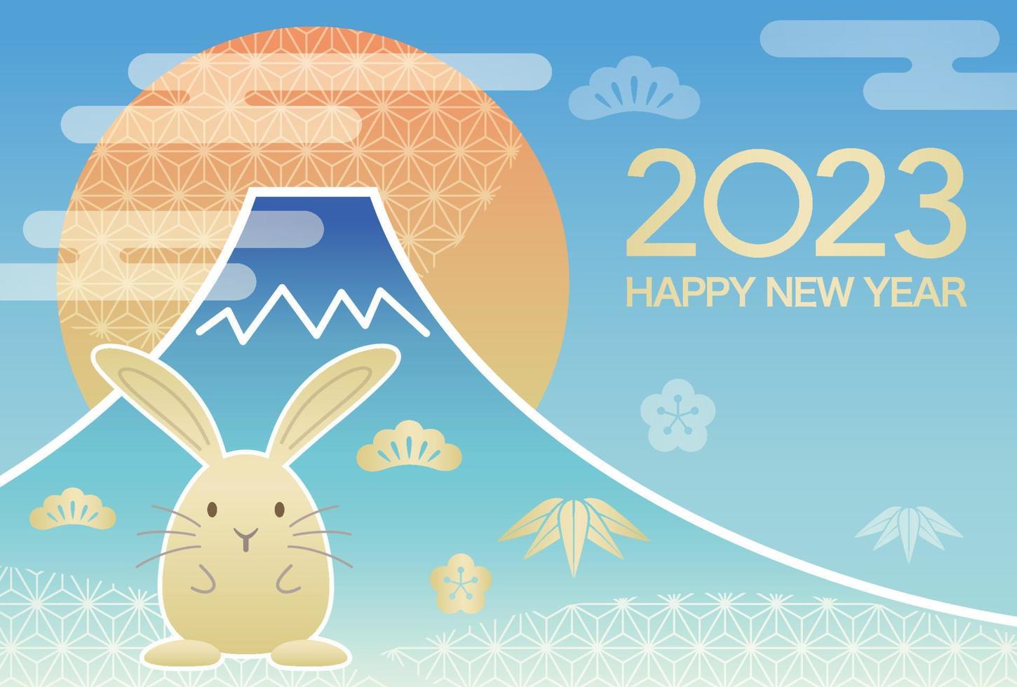 2023, año del conejo, plantilla vectorial de tarjeta de felicitación de año nuevo con mt. fuji, sol naciente y una mascota de conejo. vector