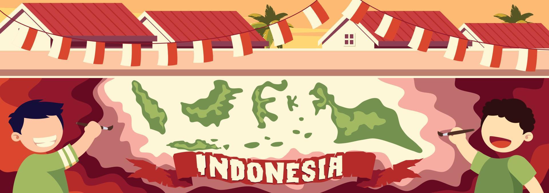 dos niños están pintando un mural para celebrar la ilustración del día de la independencia de indonesia vector