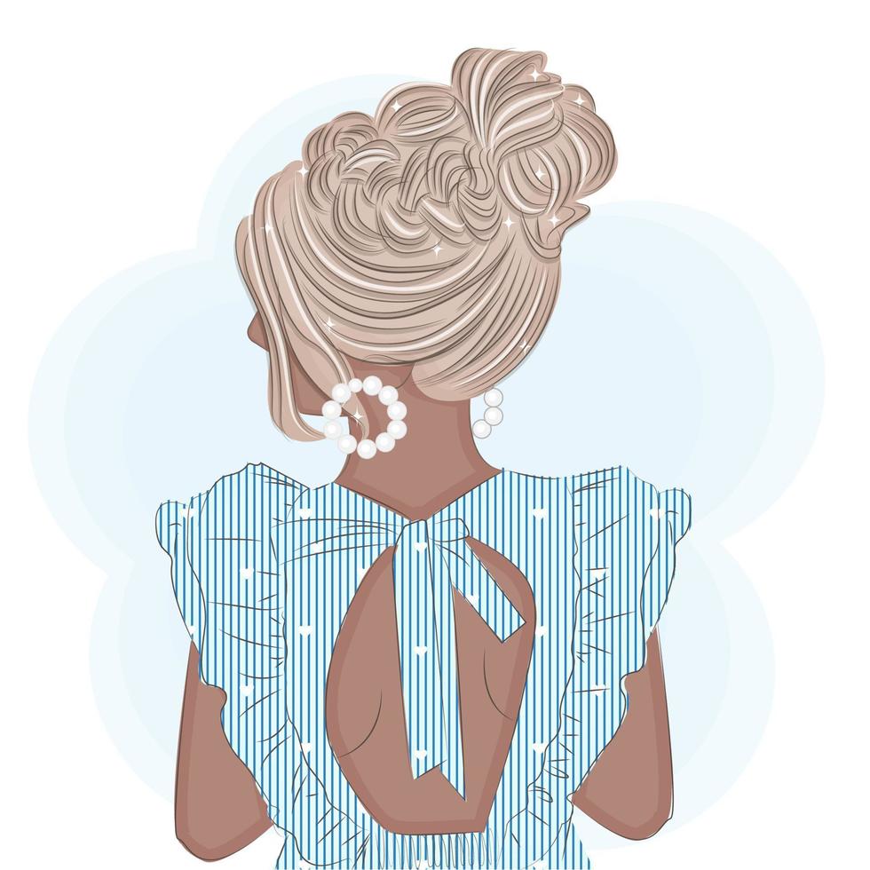 rubia de moda con cabello elegante en un vestido de verano, con aretes lindos, ilustración de vector de moda impresa