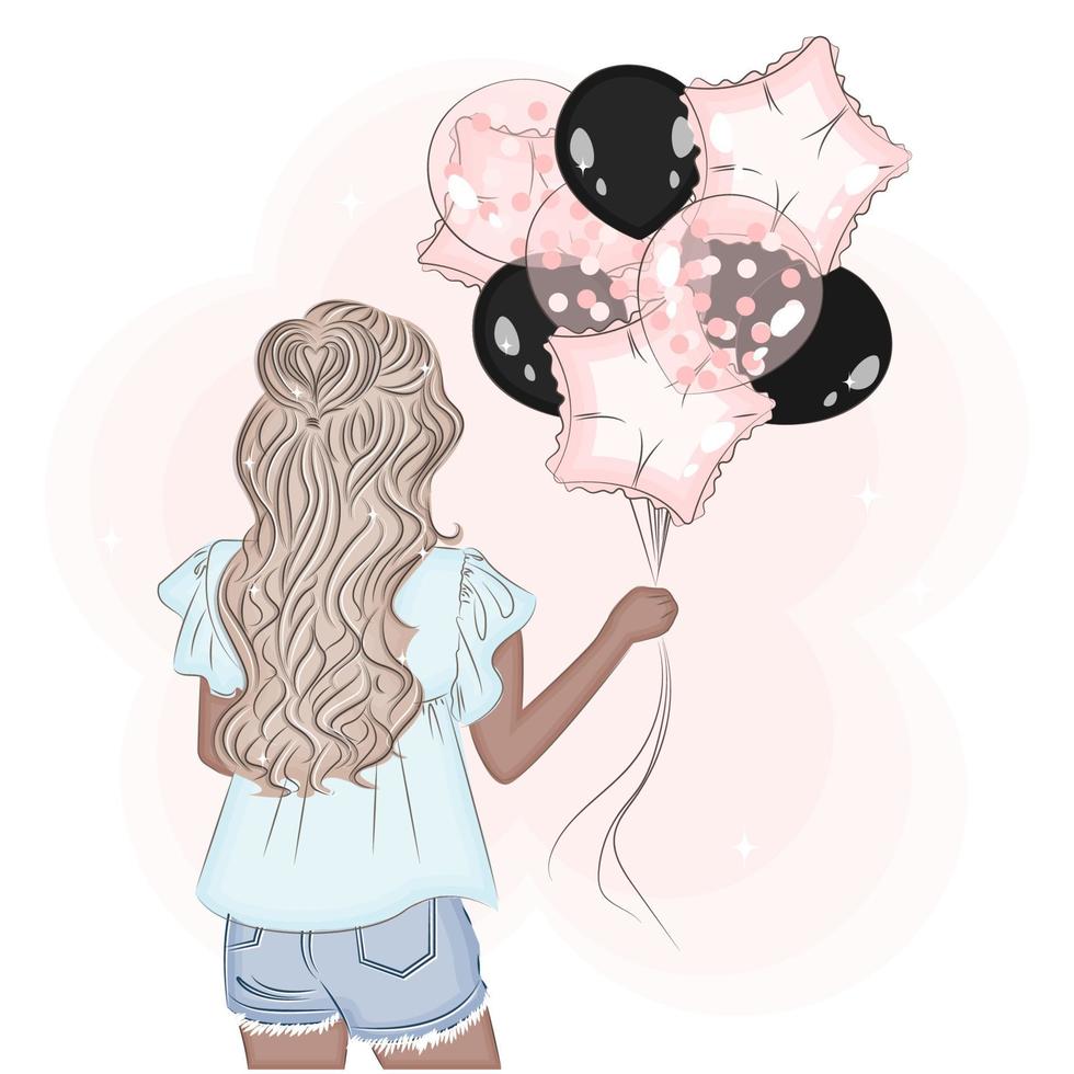 Stylish blonde with balloons, back view, print, card, holiday, fashion vector illustration