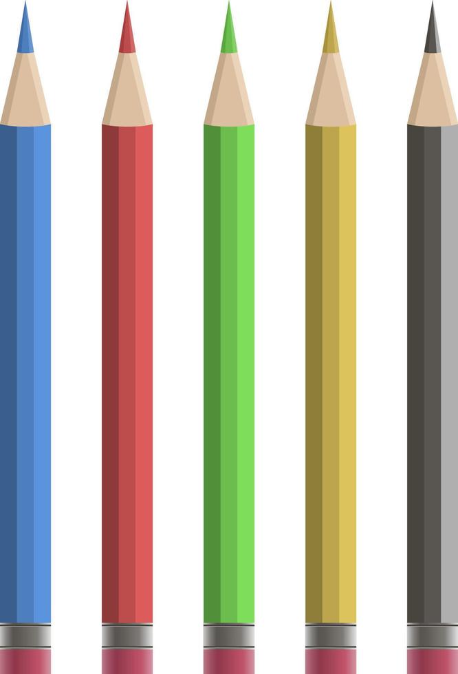 Coloured pencils vector graphic. Yellow, orange, red, pink, purple, blue  and green colored pencil, isolated on white background. Rainbow pencils.  Stock Vector