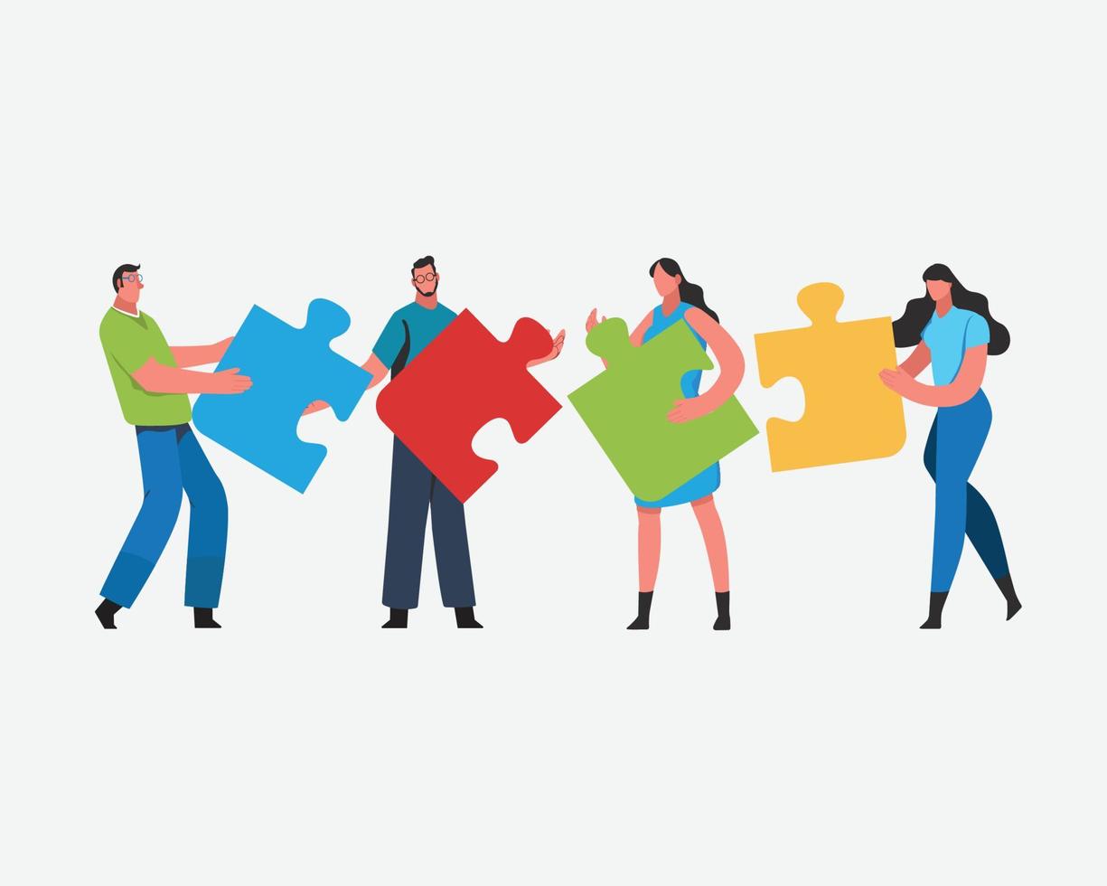 Teamwork successful together concept. Marketing content. Harmonious business people Holding the big jigsaw puzzle piece. Flat cartoon illustration vector graphic design