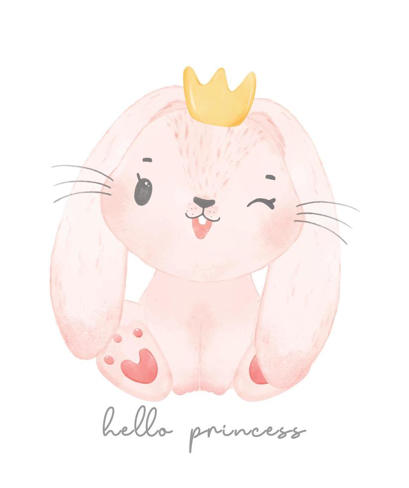 cute baby bunny rabbit wears crown, hello princess, watercolor wildlife nursery animal hand drawn vector