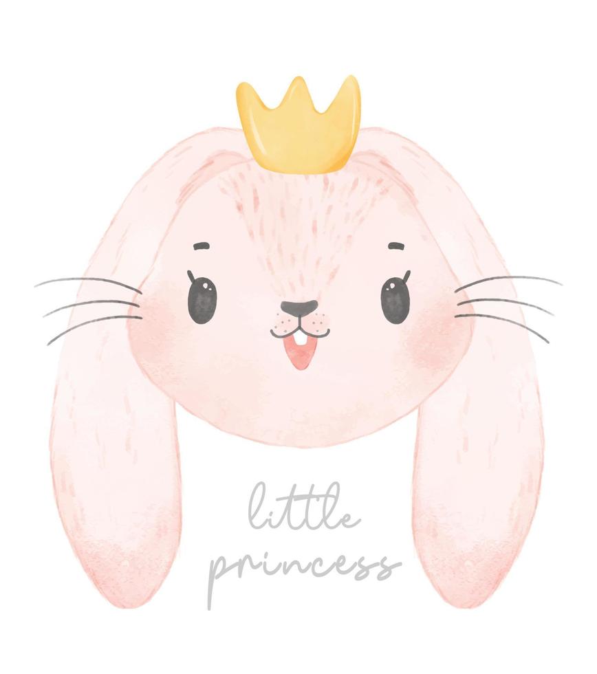 cute happy smile baby bunny rabbit face head wearing crown, little princess, watercolor wildlife nursery animal hand drawn vector