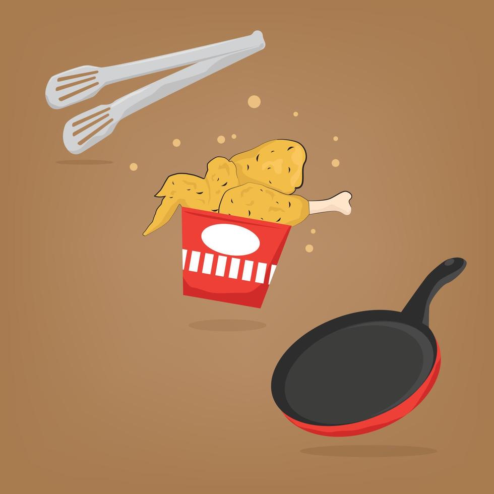 ala de pollo en cubo, sartén y pinzas de comida ilustración de icono de vector de dibujos animados. vector premium de icono de objeto de comida. estilo de dibujos animados plana