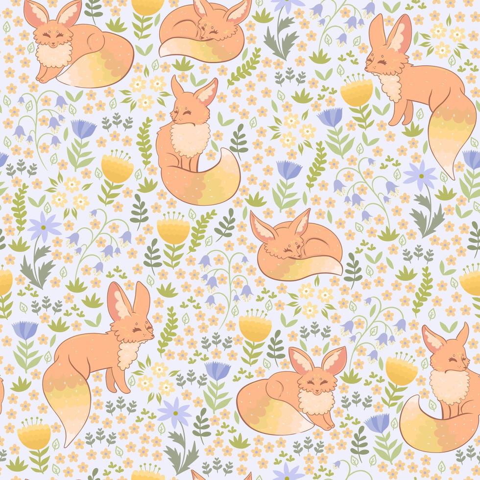 Spring foxes and flora seamless pattern. Vector graphics