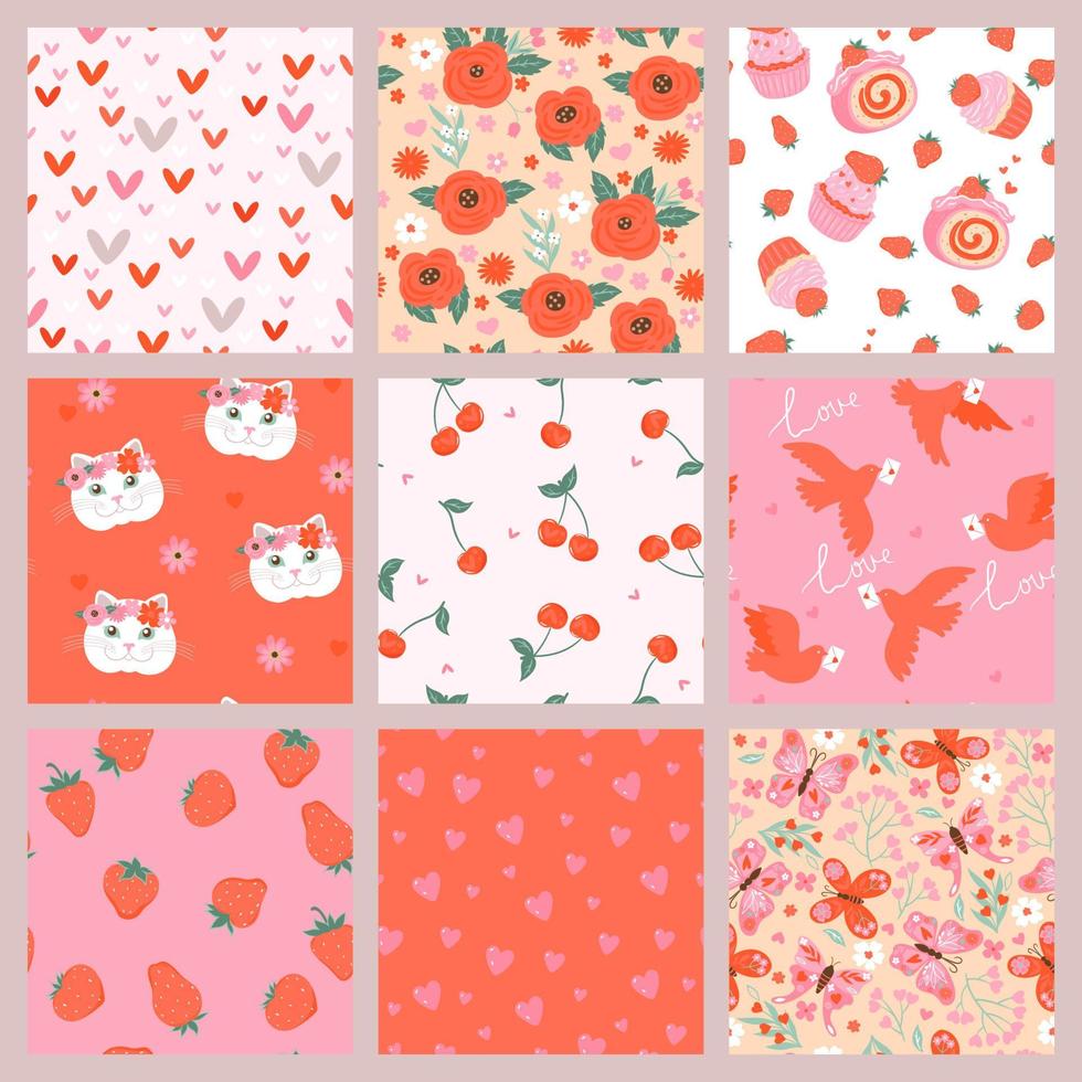 Set of cute kawaii seamless valentine's day patterns. Vector graphics