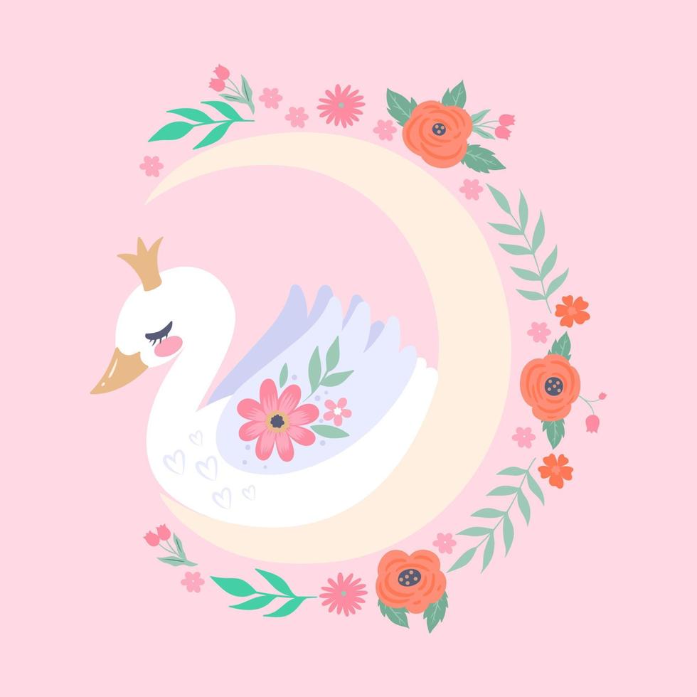 Illustration with a cute swan, moon and flowers. Vector graphics