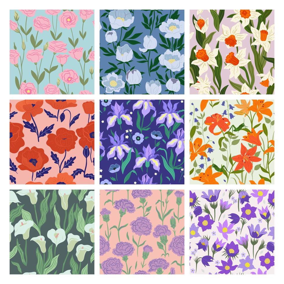 Collection of seamless patterns with flowers. Vector graphics